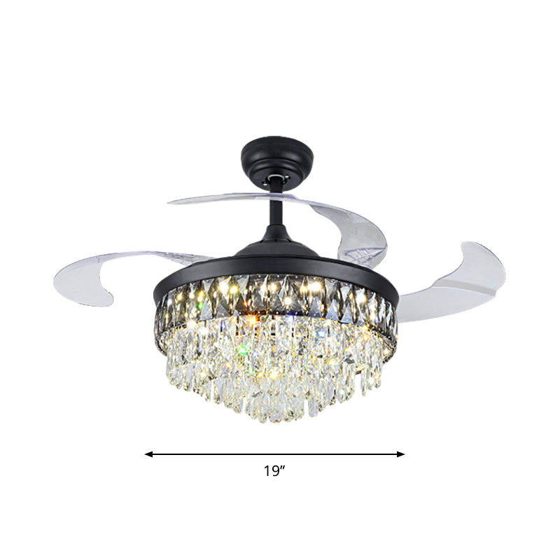 19" W Modern Tapered Semi Flush Mount Hand-Cut Crystal LED Parlor Pendant Fan Light in Black with 4 Blades Clearhalo 'Ceiling Fans with Lights' 'Ceiling Fans' 'Modern Ceiling Fans' 'Modern' Lighting' 1725118
