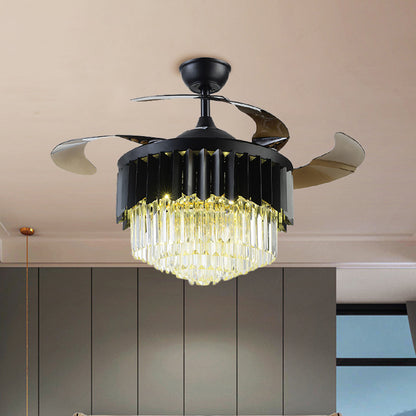 4 Blades Modernism LED Pendant Fan Lamp Black Tiered Semi Flush Mount Light with Crystal Prisms Shade, 19" W Black Clearhalo 'Ceiling Fans with Lights' 'Ceiling Fans' 'Modern Ceiling Fans' 'Modern' Lighting' 1725119