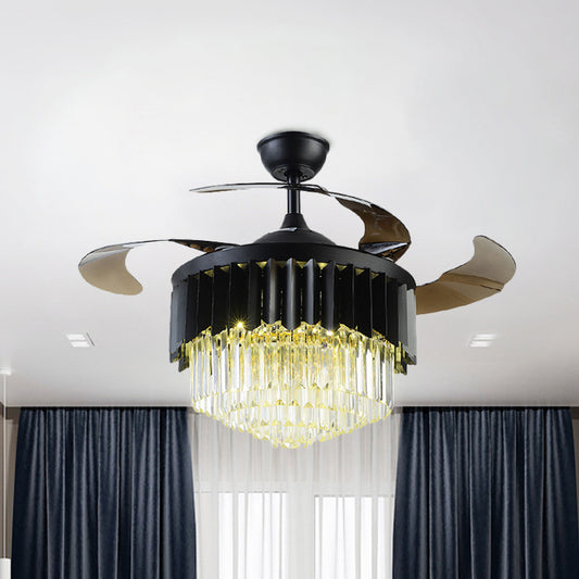 4 Blades Modernism LED Pendant Fan Lamp Black Tiered Semi Flush Mount Light with Crystal Prisms Shade, 19" W Clearhalo 'Ceiling Fans with Lights' 'Ceiling Fans' 'Modern Ceiling Fans' 'Modern' Lighting' 1725120