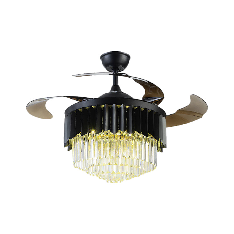 4 Blades Modernism LED Pendant Fan Lamp Black Tiered Semi Flush Mount Light with Crystal Prisms Shade, 19" W Clearhalo 'Ceiling Fans with Lights' 'Ceiling Fans' 'Modern Ceiling Fans' 'Modern' Lighting' 1725121