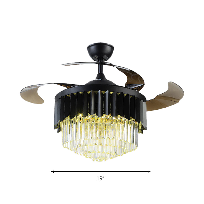 4 Blades Modernism LED Pendant Fan Lamp Black Tiered Semi Flush Mount Light with Crystal Prisms Shade, 19" W Clearhalo 'Ceiling Fans with Lights' 'Ceiling Fans' 'Modern Ceiling Fans' 'Modern' Lighting' 1725122