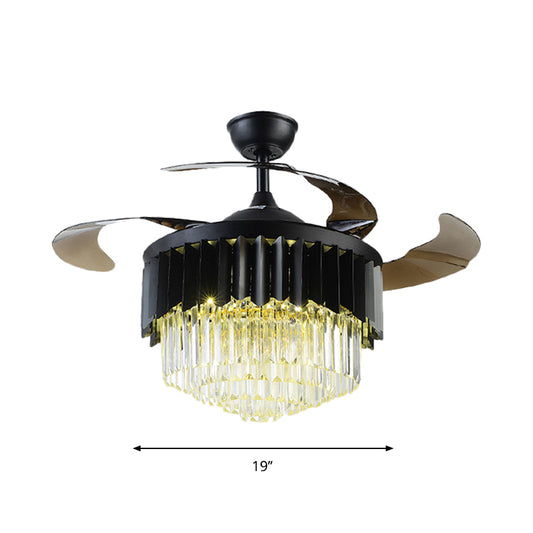 4 Blades Modernism LED Pendant Fan Lamp Black Tiered Semi Flush Mount Light with Crystal Prisms Shade, 19" W Clearhalo 'Ceiling Fans with Lights' 'Ceiling Fans' 'Modern Ceiling Fans' 'Modern' Lighting' 1725122