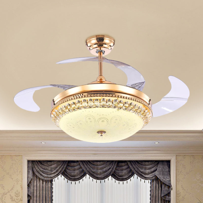 Gold LED Dome Hanging Fan Lamp Fixture Minimalism Frosted Glass 3 Blades Semi Mount Lighting, 19" Wide Gold Clearhalo 'Ceiling Fans with Lights' 'Ceiling Fans' 'Modern Ceiling Fans' 'Modern' Lighting' 1725127
