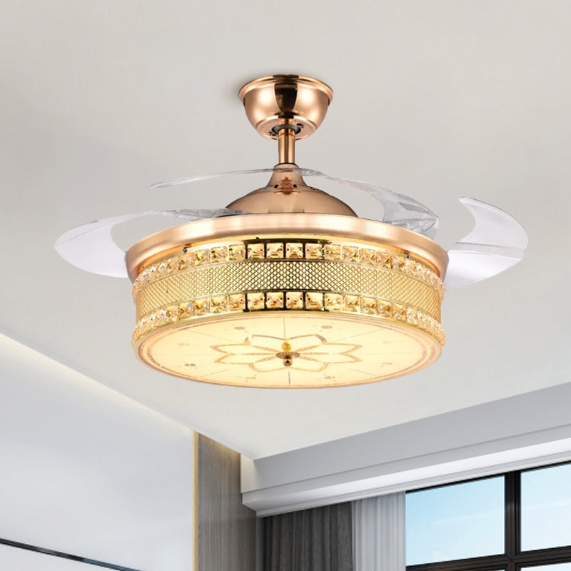 Faceted Crystal Drum Semi Flush Simplicity 19" Wide LED Hanging Fan Light in Gold with 3 Blades Gold Clearhalo 'Ceiling Fans with Lights' 'Ceiling Fans' 'Modern Ceiling Fans' 'Modern' Lighting' 1725131