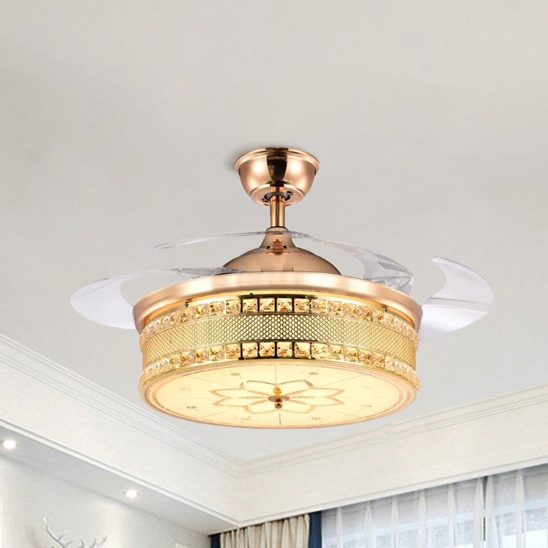Faceted Crystal Drum Semi Flush Simplicity 19" Wide LED Hanging Fan Light in Gold with 3 Blades Clearhalo 'Ceiling Fans with Lights' 'Ceiling Fans' 'Modern Ceiling Fans' 'Modern' Lighting' 1725132