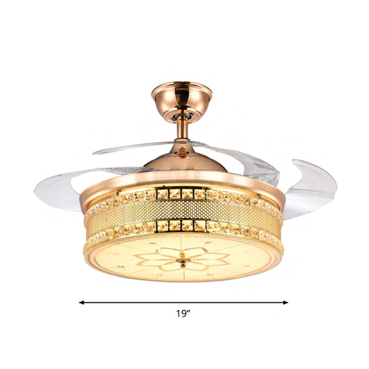 Faceted Crystal Drum Semi Flush Simplicity 19" Wide LED Hanging Fan Light in Gold with 3 Blades Clearhalo 'Ceiling Fans with Lights' 'Ceiling Fans' 'Modern Ceiling Fans' 'Modern' Lighting' 1725134