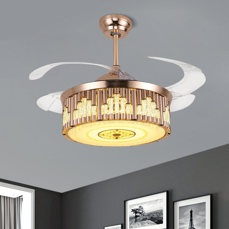 19" W Drum Parlor Pendant Fan Light Faceted Crystal LED Modernism Semi Flush Lighting in Gold, 4-Blade Clearhalo 'Ceiling Fans with Lights' 'Ceiling Fans' 'Modern Ceiling Fans' 'Modern' Lighting' 1725140