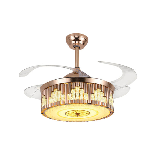 19" W Drum Parlor Pendant Fan Light Faceted Crystal LED Modernism Semi Flush Lighting in Gold, 4-Blade Clearhalo 'Ceiling Fans with Lights' 'Ceiling Fans' 'Modern Ceiling Fans' 'Modern' Lighting' 1725141