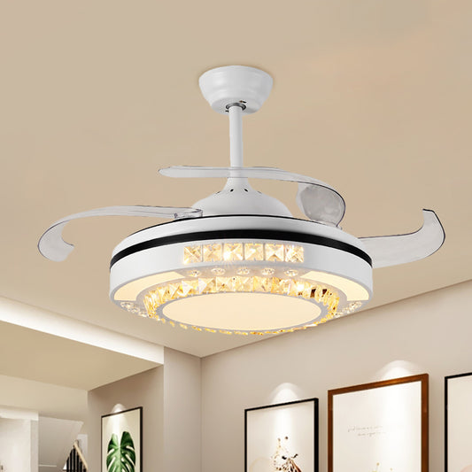 Hand-Cut Crystal Round Semi Flush Mount Modern 19" W LED White Pendant Fan Light Fixture with 4 Blades White B Clearhalo 'Ceiling Fans with Lights' 'Ceiling Fans' 'Modern Ceiling Fans' 'Modern' Lighting' 1725143