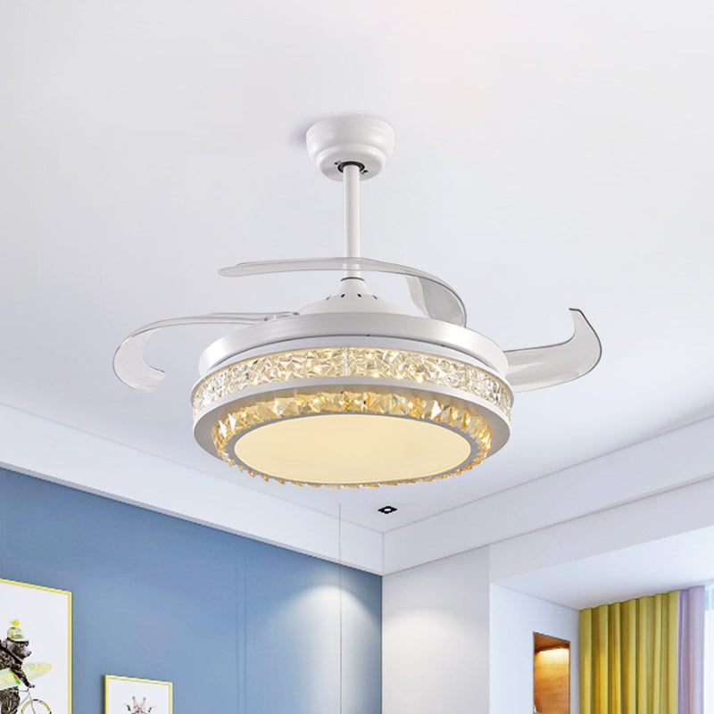 Hand-Cut Crystal Round Semi Flush Mount Modern 19" W LED White Pendant Fan Light Fixture with 4 Blades White A Clearhalo 'Ceiling Fans with Lights' 'Ceiling Fans' 'Modern Ceiling Fans' 'Modern' Lighting' 1725147
