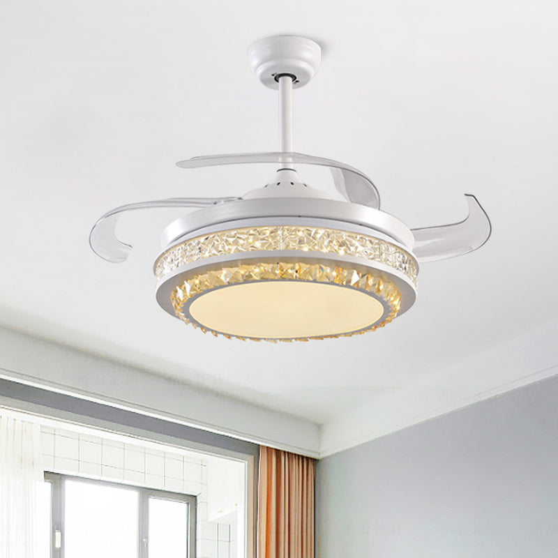 Hand-Cut Crystal Round Semi Flush Mount Modern 19" W LED White Pendant Fan Light Fixture with 4 Blades Clearhalo 'Ceiling Fans with Lights' 'Ceiling Fans' 'Modern Ceiling Fans' 'Modern' Lighting' 1725148