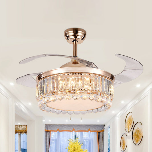 Drum Hanging Fan Lighting Contemporary Crystal Block and Orbs 19" W LED Parlor Semi Flush Mount in Gold, 4 Blades Gold Clearhalo 'Ceiling Fans with Lights' 'Ceiling Fans' 'Modern Ceiling Fans' 'Modern' Lighting' 1725156