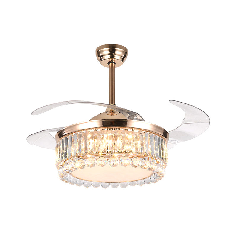Drum Hanging Fan Lighting Contemporary Crystal Block and Orbs 19" W LED Parlor Semi Flush Mount in Gold, 4 Blades Clearhalo 'Ceiling Fans with Lights' 'Ceiling Fans' 'Modern Ceiling Fans' 'Modern' Lighting' 1725158