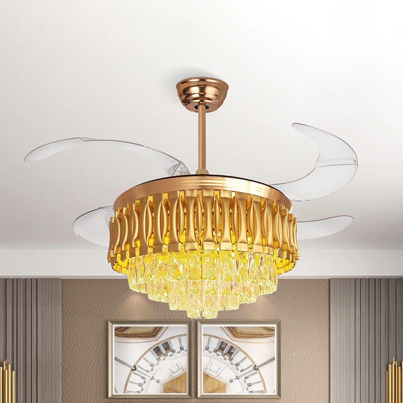 Simple Tiered Semi Flush Crystal Rectangle Drawing Room LED Hanging Fan Lamp in Gold with 4-Blade, 19" W Gold Clearhalo 'Ceiling Fans with Lights' 'Ceiling Fans' 'Modern Ceiling Fans' 'Modern' Lighting' 1725160