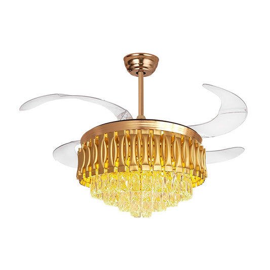 Simple Tiered Semi Flush Crystal Rectangle Drawing Room LED Hanging Fan Lamp in Gold with 4-Blade, 19" W Clearhalo 'Ceiling Fans with Lights' 'Ceiling Fans' 'Modern Ceiling Fans' 'Modern' Lighting' 1725162