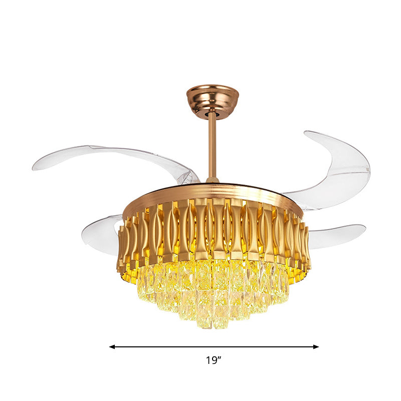 Simple Tiered Semi Flush Crystal Rectangle Drawing Room LED Hanging Fan Lamp in Gold with 4-Blade, 19" W Clearhalo 'Ceiling Fans with Lights' 'Ceiling Fans' 'Modern Ceiling Fans' 'Modern' Lighting' 1725163