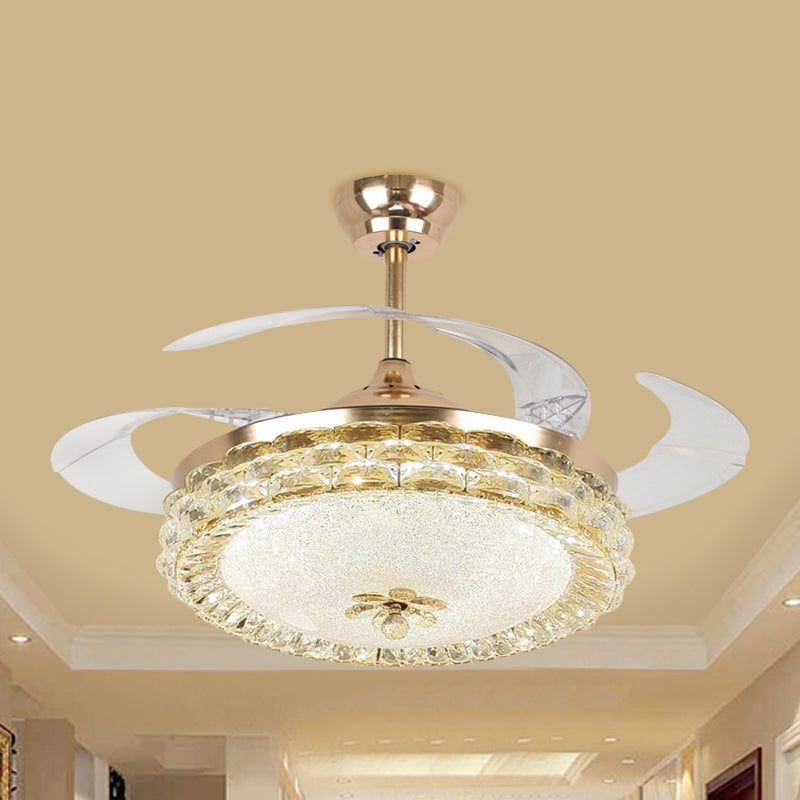 19" W Minimalist LED Ceiling Fan Lamp Gold Circular Semi Flush Light with Cut Crystal Shade, 4 Blades Gold Clearhalo 'Ceiling Fans with Lights' 'Ceiling Fans' 'Modern Ceiling Fans' 'Modern' Lighting' 1725164