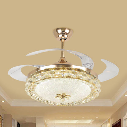 19" W Minimalist LED Ceiling Fan Lamp Gold Circular Semi Flush Light with Cut Crystal Shade, 4 Blades Gold Clearhalo 'Ceiling Fans with Lights' 'Ceiling Fans' 'Modern Ceiling Fans' 'Modern' Lighting' 1725164