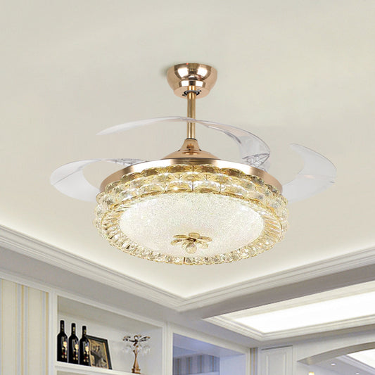 19" W Minimalist LED Ceiling Fan Lamp Gold Circular Semi Flush Light with Cut Crystal Shade, 4 Blades Clearhalo 'Ceiling Fans with Lights' 'Ceiling Fans' 'Modern Ceiling Fans' 'Modern' Lighting' 1725165