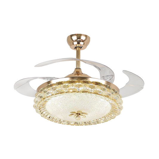 19" W Minimalist LED Ceiling Fan Lamp Gold Circular Semi Flush Light with Cut Crystal Shade, 4 Blades Clearhalo 'Ceiling Fans with Lights' 'Ceiling Fans' 'Modern Ceiling Fans' 'Modern' Lighting' 1725166