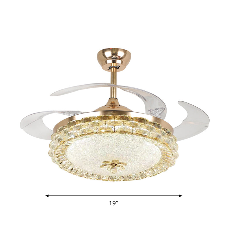 19" W Minimalist LED Ceiling Fan Lamp Gold Circular Semi Flush Light with Cut Crystal Shade, 4 Blades Clearhalo 'Ceiling Fans with Lights' 'Ceiling Fans' 'Modern Ceiling Fans' 'Modern' Lighting' 1725167
