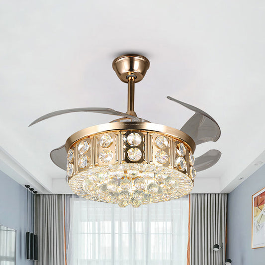 4 Blades LED Bedroom Semi Flush Light Modernism Gold Pendant Fan Lamp with Drum Crystal Block and Orbs Shade, 19" W Gold Clearhalo 'Ceiling Fans with Lights' 'Ceiling Fans' 'Modern Ceiling Fans' 'Modern' Lighting' 1725168