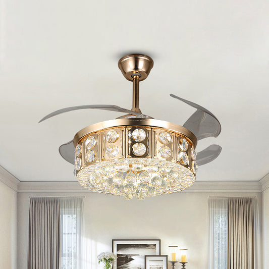 4 Blades LED Bedroom Semi Flush Light Modernism Gold Pendant Fan Lamp with Drum Crystal Block and Orbs Shade, 19" W Clearhalo 'Ceiling Fans with Lights' 'Ceiling Fans' 'Modern Ceiling Fans' 'Modern' Lighting' 1725169