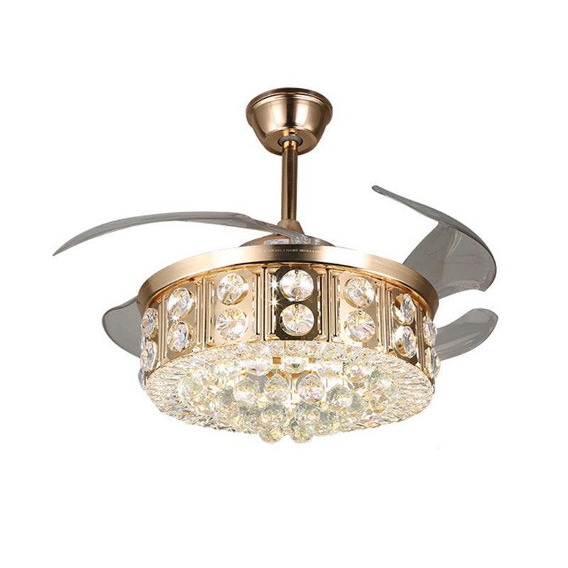 4 Blades LED Bedroom Semi Flush Light Modernism Gold Pendant Fan Lamp with Drum Crystal Block and Orbs Shade, 19" W Clearhalo 'Ceiling Fans with Lights' 'Ceiling Fans' 'Modern Ceiling Fans' 'Modern' Lighting' 1725170