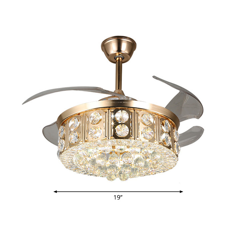 4 Blades LED Bedroom Semi Flush Light Modernism Gold Pendant Fan Lamp with Drum Crystal Block and Orbs Shade, 19" W Clearhalo 'Ceiling Fans with Lights' 'Ceiling Fans' 'Modern Ceiling Fans' 'Modern' Lighting' 1725171