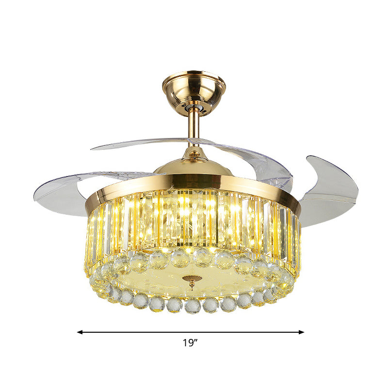 Crystal Rectangle Drum Semi Flush Minimalism 19" Width LED Ceiling Fan Lamp in Gold with 3-Blade Clearhalo 'Ceiling Fans with Lights' 'Ceiling Fans' 'Modern Ceiling Fans' 'Modern' Lighting' 1725179