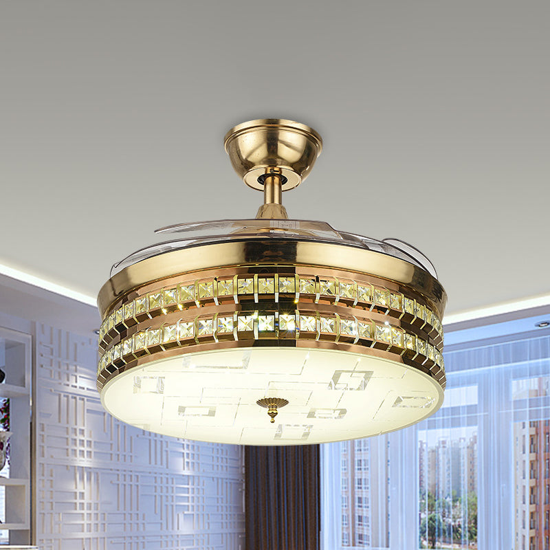 19" W Drum Metallic Hanging Fan Lamp Simplicity Silver/Gold LED Semi Mount Lighting with 3 Blades Gold Clearhalo 'Ceiling Fans with Lights' 'Ceiling Fans' 'Modern Ceiling Fans' 'Modern' Lighting' 1725180