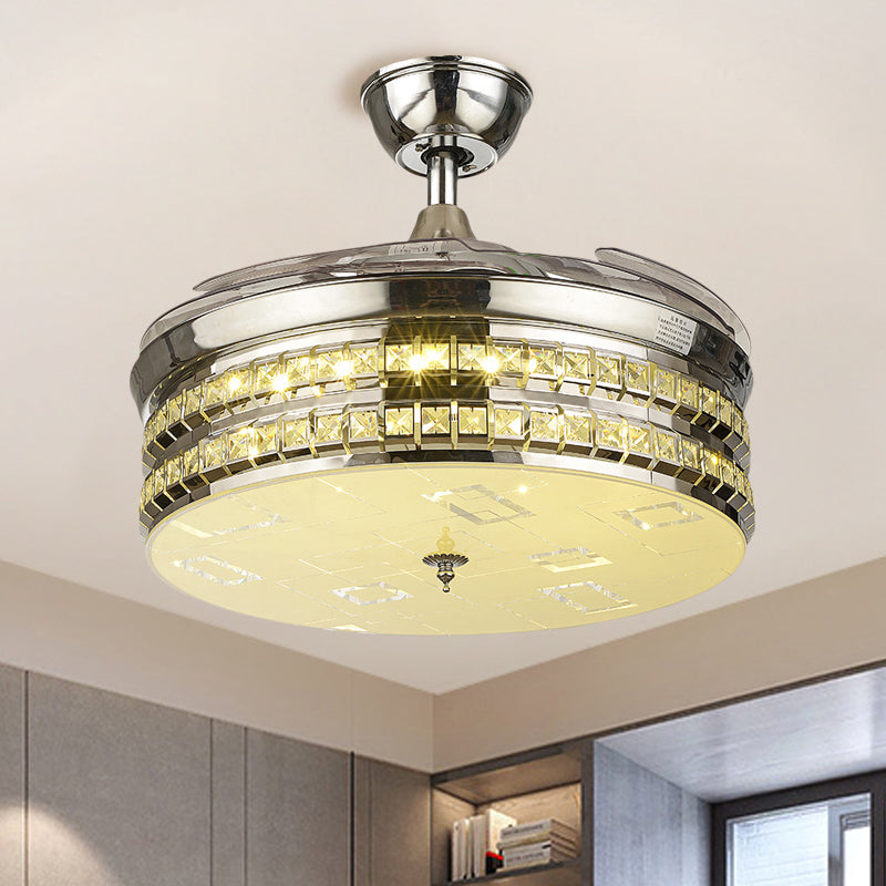 19" W Drum Metallic Hanging Fan Lamp Simplicity Silver/Gold LED Semi Mount Lighting with 3 Blades Clearhalo 'Ceiling Fans with Lights' 'Ceiling Fans' 'Modern Ceiling Fans' 'Modern' Lighting' 1725185