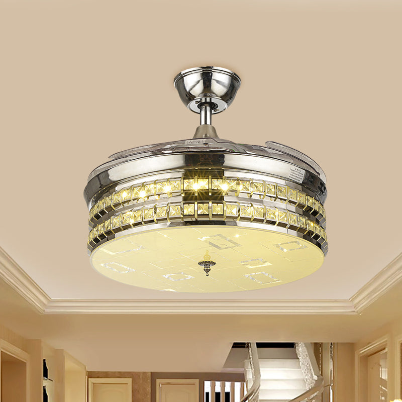 19" W Drum Metallic Hanging Fan Lamp Simplicity Silver/Gold LED Semi Mount Lighting with 3 Blades Clearhalo 'Ceiling Fans with Lights' 'Ceiling Fans' 'Modern Ceiling Fans' 'Modern' Lighting' 1725186