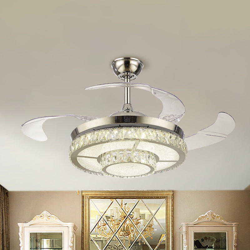 Crystal Block Circular Semi Flush Light Simple 19" W LED Nickel Hanging Fan Lighting, 3 Blades Clearhalo 'Ceiling Fans with Lights' 'Ceiling Fans' 'Modern Ceiling Fans' 'Modern' Lighting' 1725189
