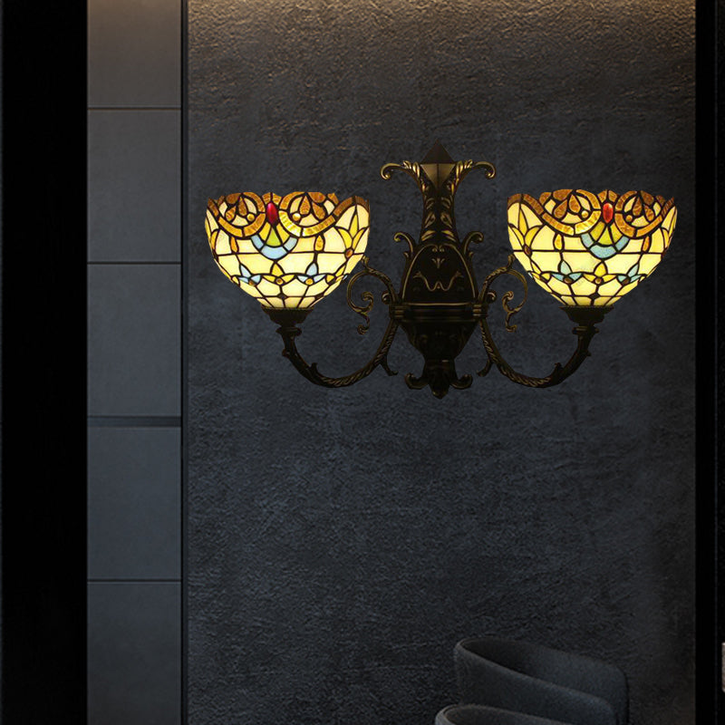 Baroque Style Bowl Wall Lamp Stained Glass Double Wall Sconce Lighting in Brown/Blue for Dining Room Brown Clearhalo 'Industrial' 'Middle century wall lights' 'Tiffany wall lights' 'Tiffany' 'Wall Lamps & Sconces' 'Wall Lights' Lighting' 172519