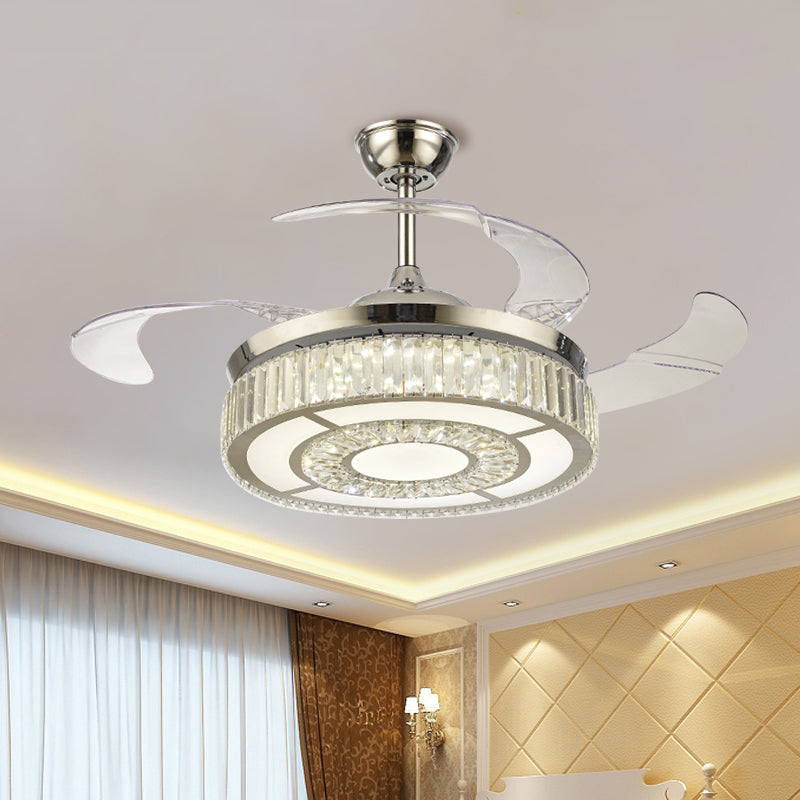 Crystal Block Circular Semi Flush Light Simple 19" W LED Nickel Hanging Fan Lighting, 3 Blades Clearhalo 'Ceiling Fans with Lights' 'Ceiling Fans' 'Modern Ceiling Fans' 'Modern' Lighting' 1725193