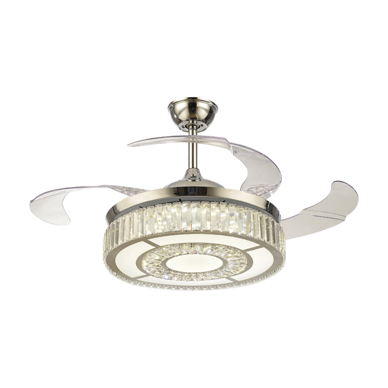 Crystal Block Circular Semi Flush Light Simple 19" W LED Nickel Hanging Fan Lighting, 3 Blades Clearhalo 'Ceiling Fans with Lights' 'Ceiling Fans' 'Modern Ceiling Fans' 'Modern' Lighting' 1725195