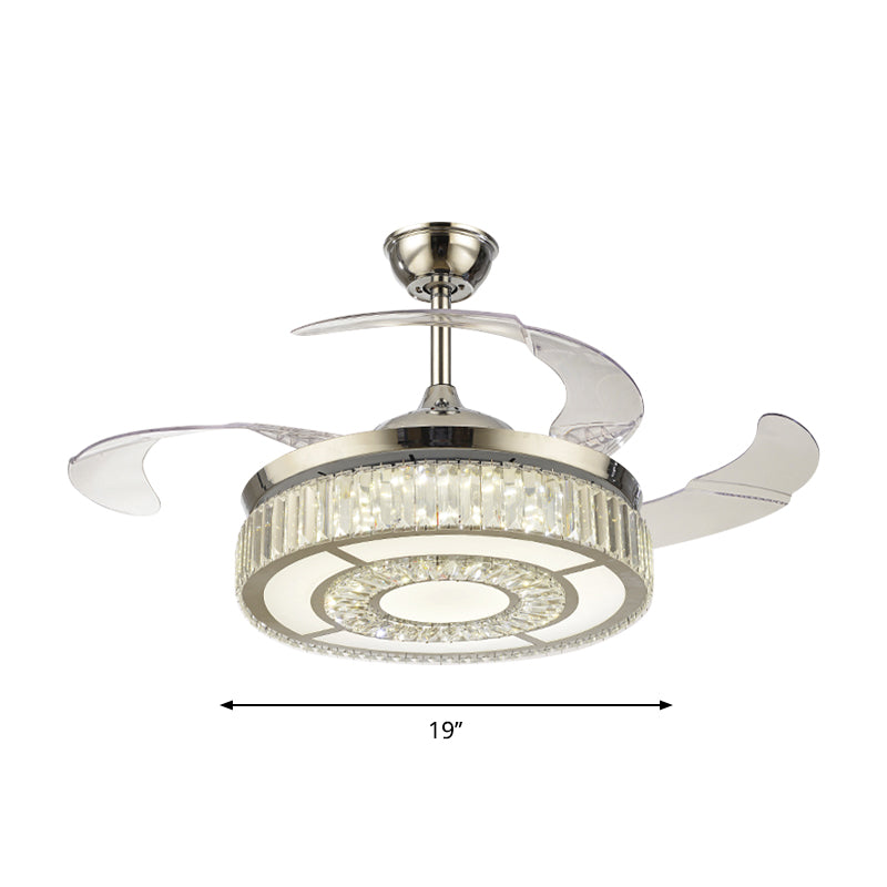 Crystal Block Circular Semi Flush Light Simple 19" W LED Nickel Hanging Fan Lighting, 3 Blades Clearhalo 'Ceiling Fans with Lights' 'Ceiling Fans' 'Modern Ceiling Fans' 'Modern' Lighting' 1725196