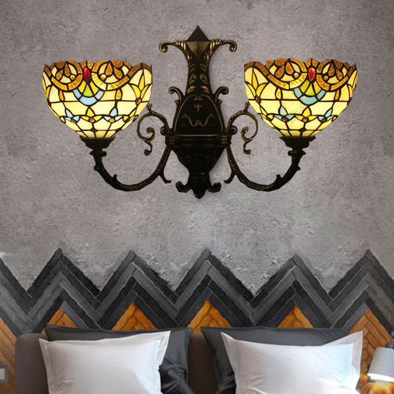 Baroque Style Bowl Wall Lamp Stained Glass Double Wall Sconce Lighting in Brown/Blue for Dining Room Clearhalo 'Industrial' 'Middle century wall lights' 'Tiffany wall lights' 'Tiffany' 'Wall Lamps & Sconces' 'Wall Lights' Lighting' 172520
