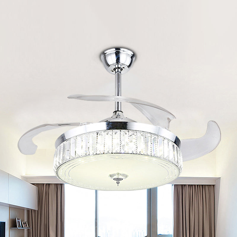 Circle Pendant Fan Light Fixture Minimalist Crystal Rectangle 19" W LED Restaurant Semi Flush in Chrome, 3 Blades Chrome Clearhalo 'Ceiling Fans with Lights' 'Ceiling Fans' 'Modern Ceiling Fans' 'Modern' Lighting' 1725205