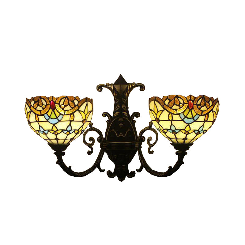 Baroque Style Bowl Wall Lamp Stained Glass Double Wall Sconce Lighting in Brown/Blue for Dining Room Clearhalo 'Industrial' 'Middle century wall lights' 'Tiffany wall lights' 'Tiffany' 'Wall Lamps & Sconces' 'Wall Lights' Lighting' 172521