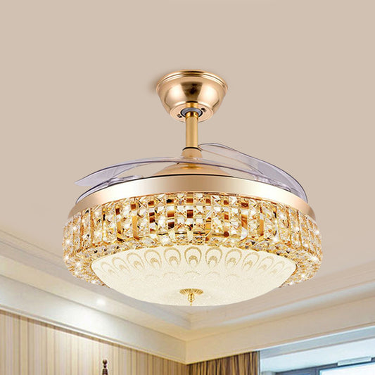 3-Blade Simple LED Hanging Fan Light Gold Domed Semi Mount Lighting with Textured Glass Shade, 19" Width Gold Clearhalo 'Ceiling Fans with Lights' 'Ceiling Fans' 'Modern Ceiling Fans' 'Modern' Lighting' 1725213