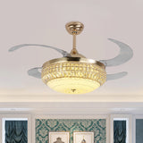 19" W LED Bedroom Semi Flush Lamp Modernist Gold 4-Blade Hanging Fan Light with Dome Textured Glass Shade Gold Clearhalo 'Ceiling Fans with Lights' 'Ceiling Fans' 'Modern Ceiling Fans' 'Modern' Lighting' 1725217