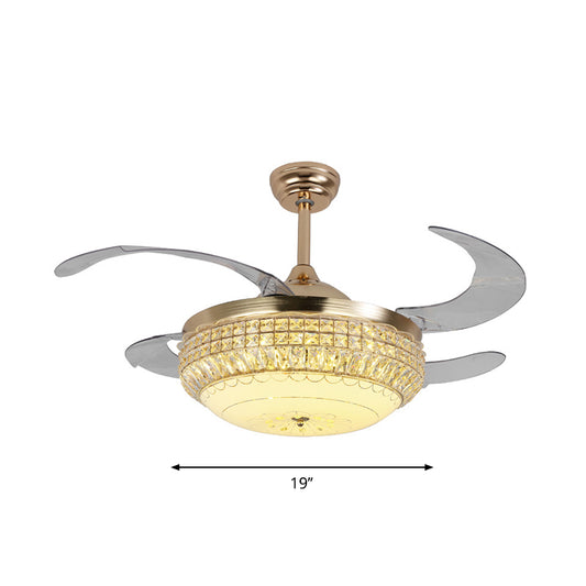 19" W LED Bedroom Semi Flush Lamp Modernist Gold 4-Blade Hanging Fan Light with Dome Textured Glass Shade Clearhalo 'Ceiling Fans with Lights' 'Ceiling Fans' 'Modern Ceiling Fans' 'Modern' Lighting' 1725220