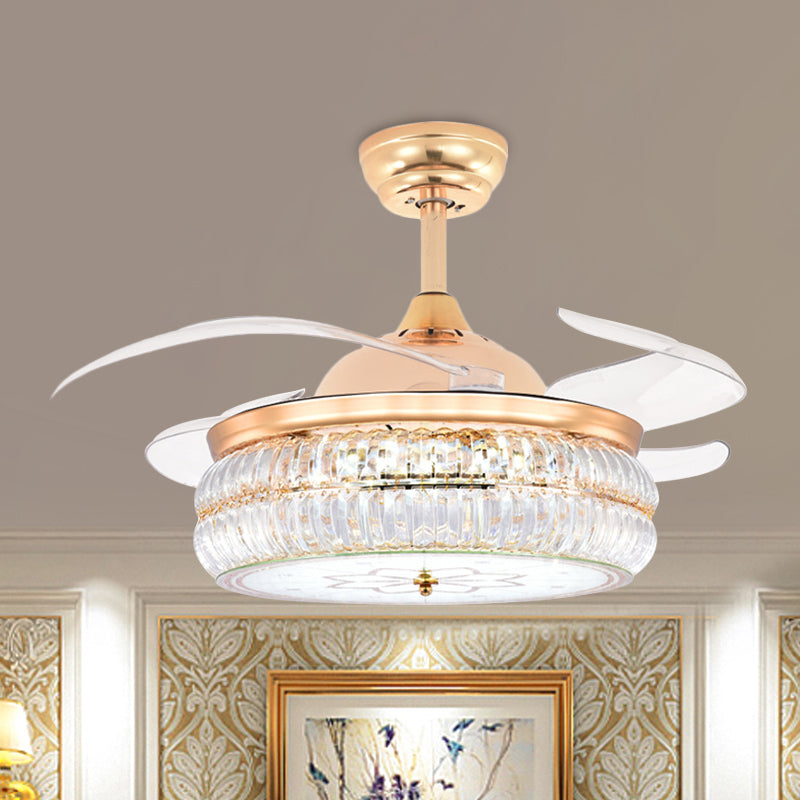 Gold LED Circular Ceiling Fan Lighting Simplicity Beveled Crystal Semi-Flush Mount with 4 Blades, 19" W Gold Clearhalo 'Ceiling Fans with Lights' 'Ceiling Fans' 'Modern Ceiling Fans' 'Modern' Lighting' 1725225