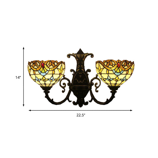 Baroque Style Bowl Wall Lamp Stained Glass Double Wall Sconce Lighting in Brown/Blue for Dining Room Clearhalo 'Industrial' 'Middle century wall lights' 'Tiffany wall lights' 'Tiffany' 'Wall Lamps & Sconces' 'Wall Lights' Lighting' 172522