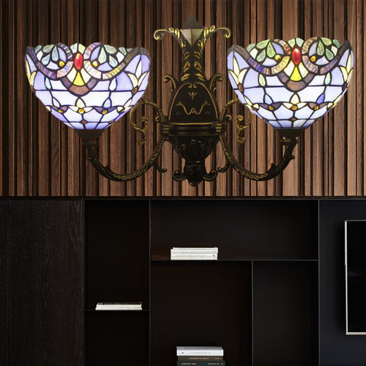 Baroque Style Bowl Wall Lamp Stained Glass Double Wall Sconce Lighting in Brown/Blue for Dining Room Blue Clearhalo 'Industrial' 'Middle century wall lights' 'Tiffany wall lights' 'Tiffany' 'Wall Lamps & Sconces' 'Wall Lights' Lighting' 172523