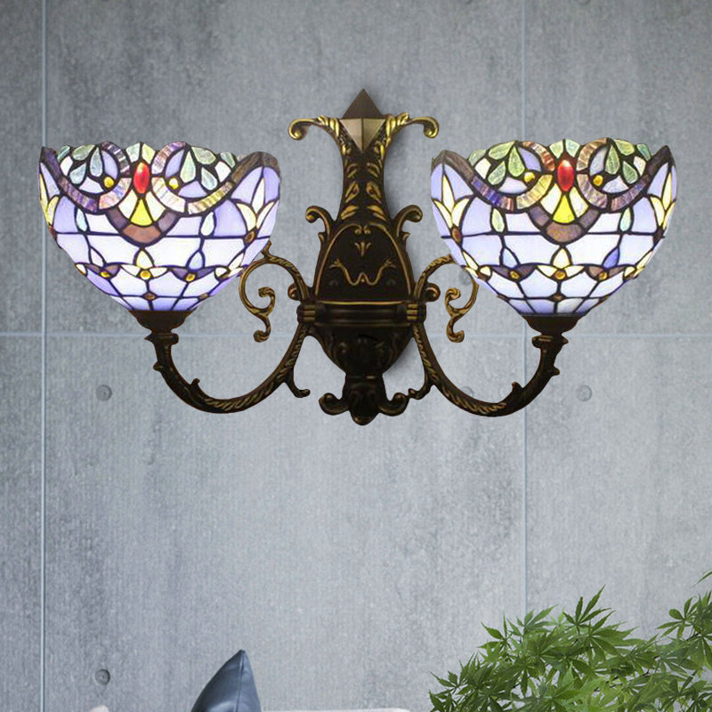 Baroque Style Bowl Wall Lamp Stained Glass Double Wall Sconce Lighting in Brown/Blue for Dining Room Clearhalo 'Industrial' 'Middle century wall lights' 'Tiffany wall lights' 'Tiffany' 'Wall Lamps & Sconces' 'Wall Lights' Lighting' 172524