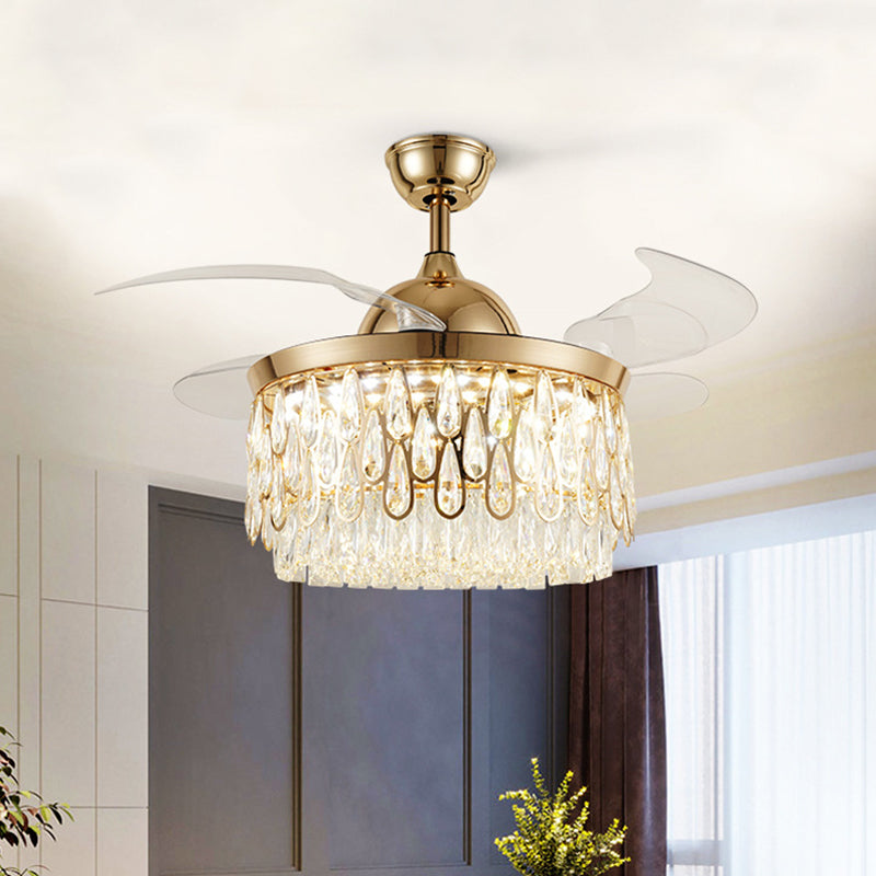 Tiered Crystal Ceiling Fan Light Modern 19" W LED Gold Semi Flush Mount with 4 Blades for Living Room Clearhalo 'Ceiling Fans with Lights' 'Ceiling Fans' 'Modern Ceiling Fans' 'Modern' Lighting' 1725243