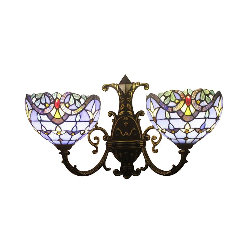 Baroque Style Bowl Wall Lamp Stained Glass Double Wall Sconce Lighting in Brown/Blue for Dining Room Clearhalo 'Industrial' 'Middle century wall lights' 'Tiffany wall lights' 'Tiffany' 'Wall Lamps & Sconces' 'Wall Lights' Lighting' 172525